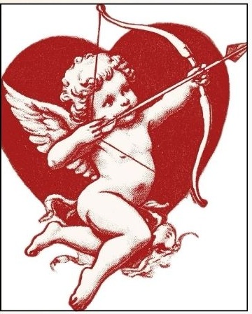 Cupid drawing a bow over a red heart