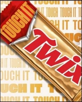 Twix bar on a TOUCH IT patterned backdrop
