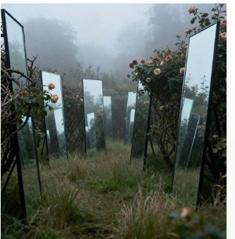 Mirrors standing in a foggy rose garden