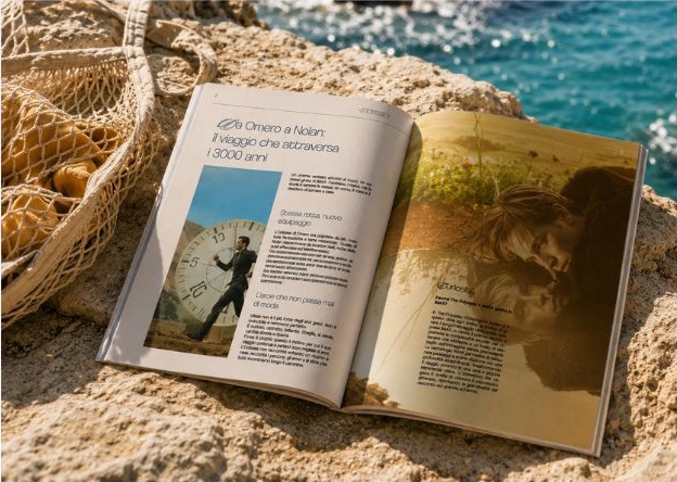 Open magazine spread on a rock by the sea
